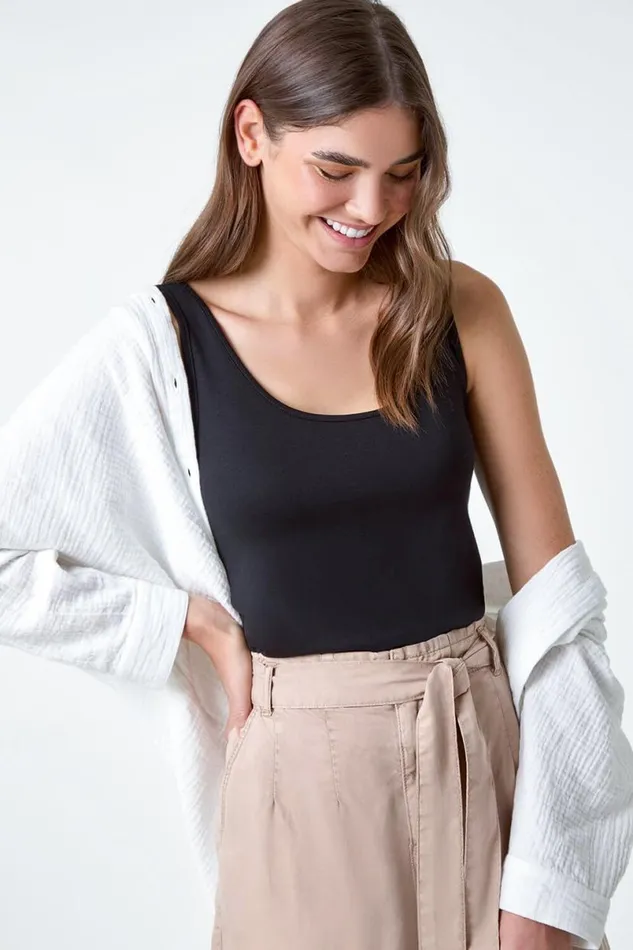 Black Plain Stretch Jersey Vest Top Women Roman Tops