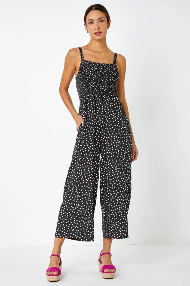 Black Polka Dot Print Stretch Jumpsuit Women Roman Dresses