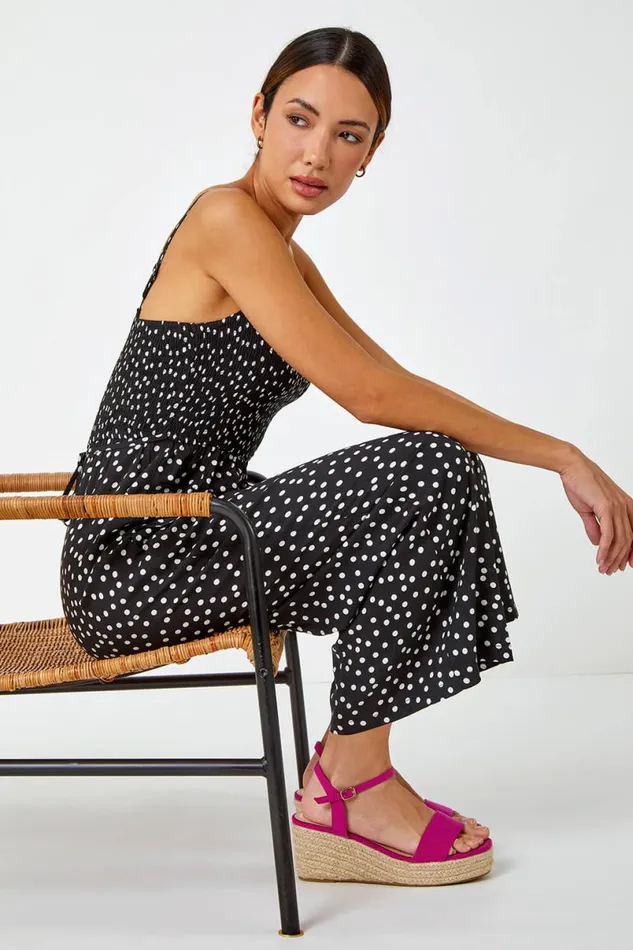 Black Polka Dot Print Stretch Jumpsuit Women Roman Dresses