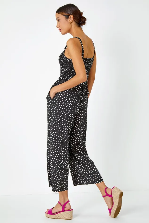 Black Polka Dot Print Stretch Jumpsuit Women Roman Dresses