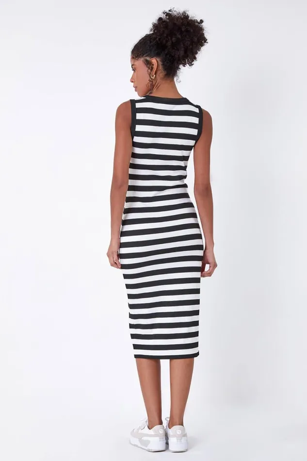 Black Ribbed Stripe Stretch Midi Dress Women Roman Dresses