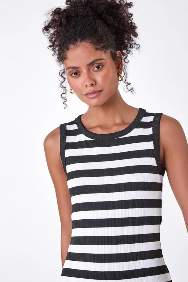 Black Ribbed Stripe Stretch Midi Dress Women Roman Dresses