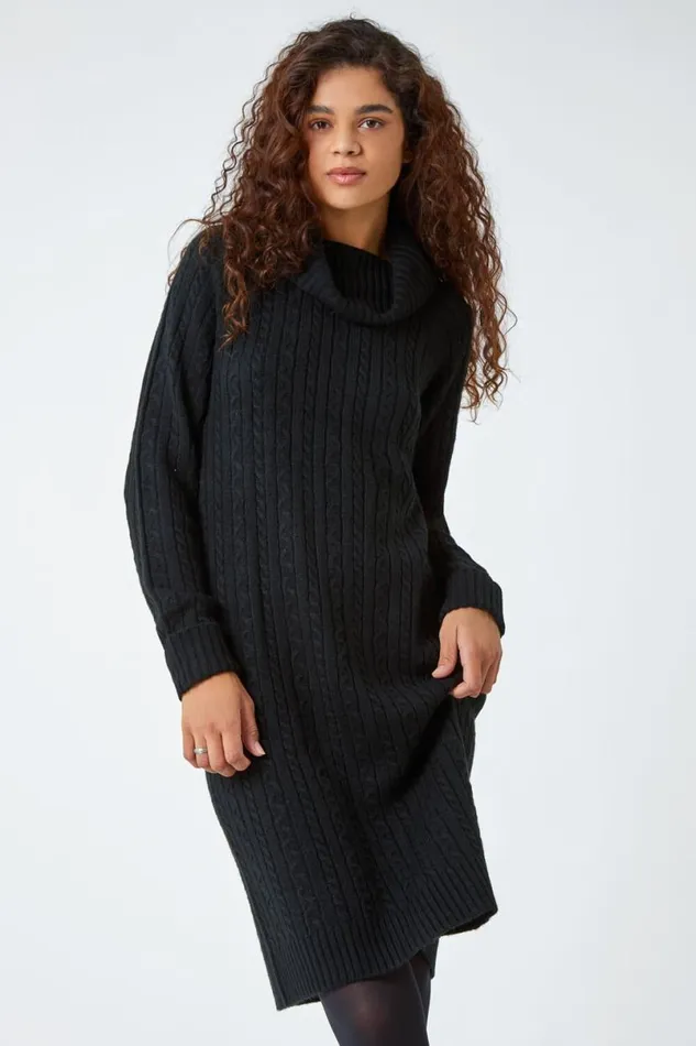 Black Roll Neck Knitted Jumper Dress Women Roman Dresses