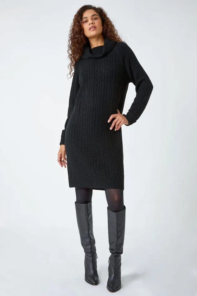 Black Roll Neck Knitted Jumper Dress Women Roman Dresses