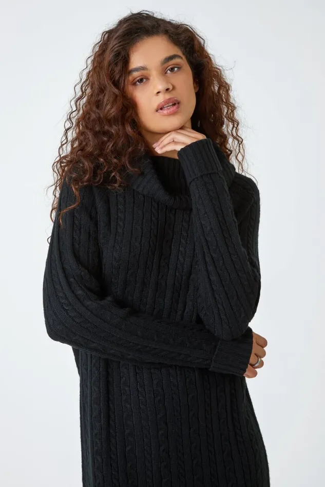 Black Roll Neck Knitted Jumper Dress Women Roman Dresses