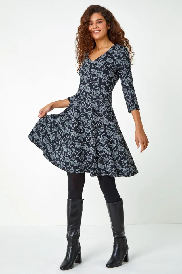 Black Rose Print Cotton Blend Stretch Dress Women Roman Dresses