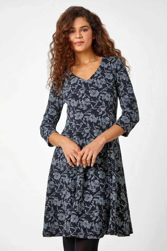 Black Rose Print Cotton Blend Stretch Dress Women Roman Dresses