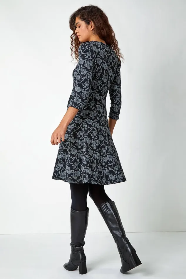 Black Rose Print Cotton Blend Stretch Dress Women Roman Dresses