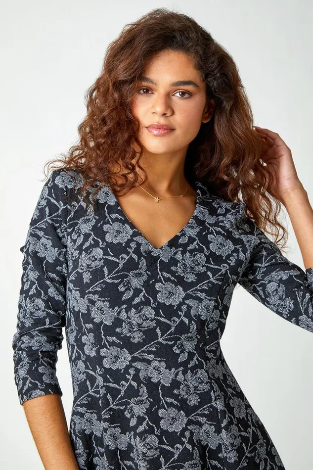 Black Rose Print Cotton Blend Stretch Dress Women Roman Dresses