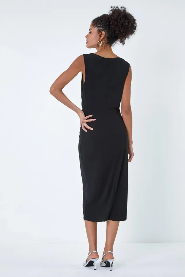 Black Ruched Cowl Neck Stretch Midi Dress Women Roman Dresses