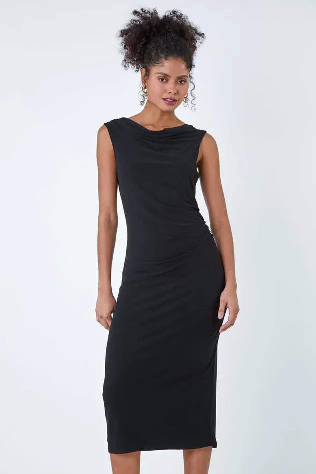 Black Ruched Cowl Neck Stretch Midi Dress Women Roman Dresses