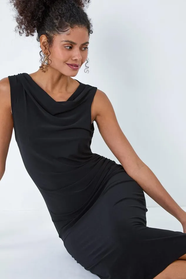 Black Ruched Cowl Neck Stretch Midi Dress Women Roman Dresses