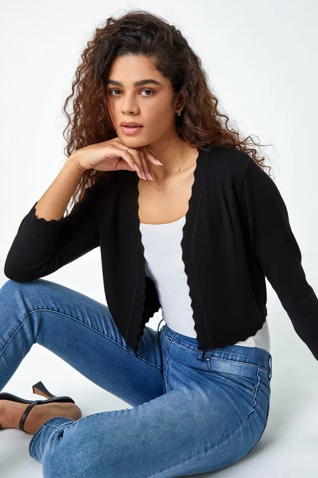 Black Scalloped Edge Stretch Knit Shrug Women Roman Knitwear