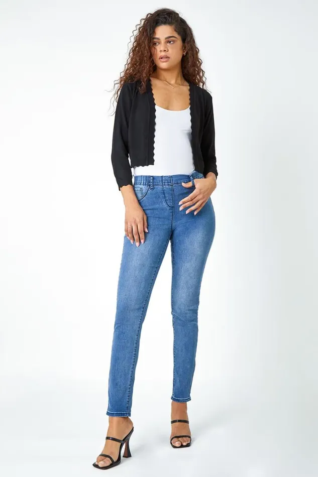 Black Scalloped Edge Stretch Knit Shrug Women Roman Knitwear