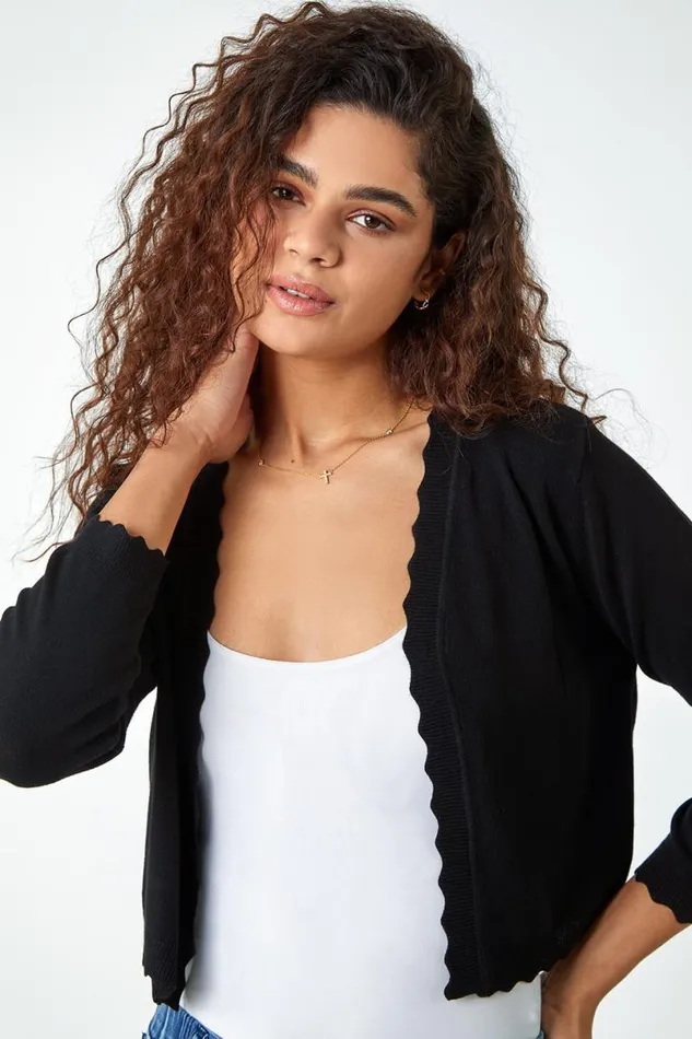 Black Scalloped Edge Stretch Knit Shrug Women Roman Knitwear