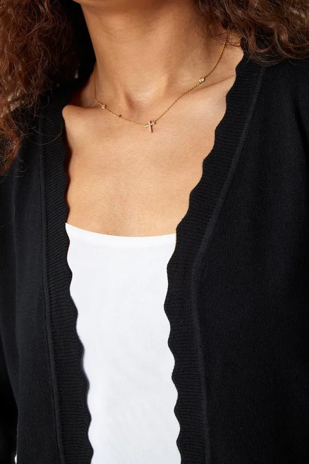 Black Scalloped Edge Stretch Knit Shrug Women Roman Knitwear