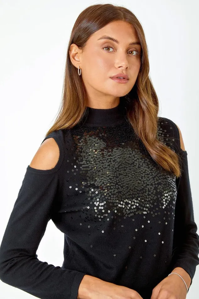 Black Sequin Embellished Cold Shoulder Jumper Women Roman Knitwear