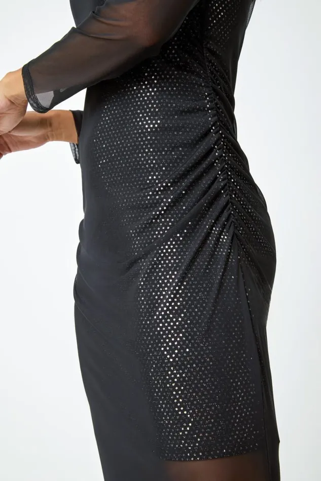 Black Sequin Mesh Overlay Stretch Ruched Midi Dress Women Roman Dresses
