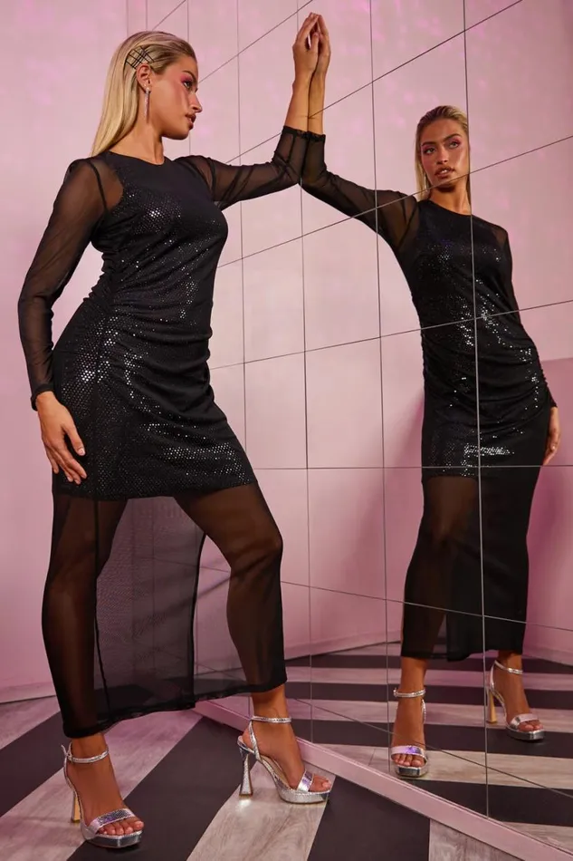 Black Sequin Mesh Overlay Stretch Ruched Midi Dress Women Roman Dresses