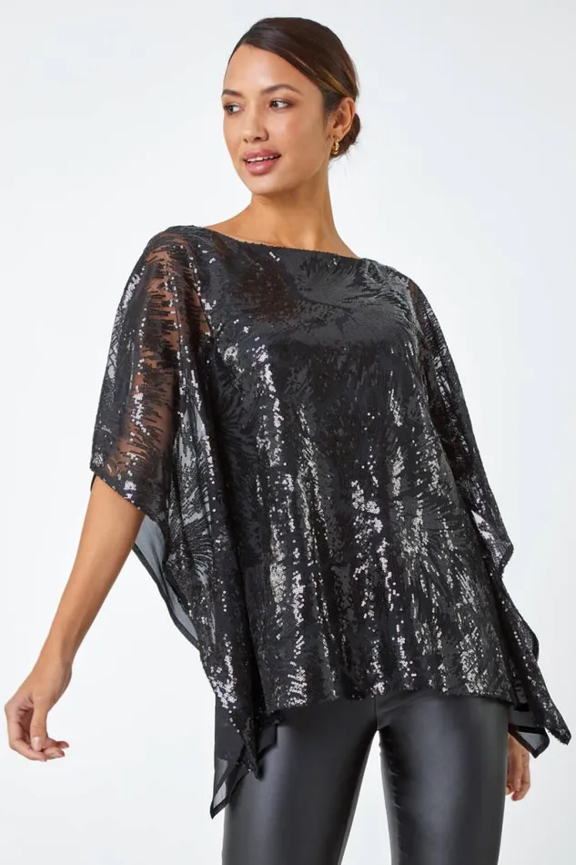 Black Sequin Overlay Stretch Chiffon Top Women Roman Tops