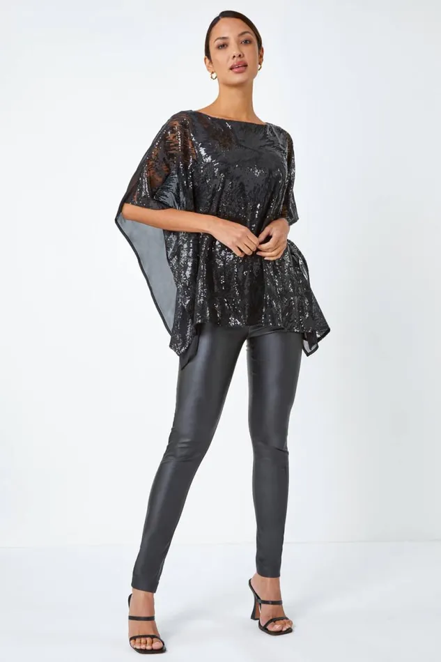 Black Sequin Overlay Stretch Chiffon Top Women Roman Tops