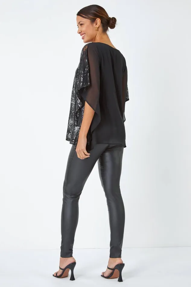 Black Sequin Overlay Stretch Chiffon Top Women Roman Tops