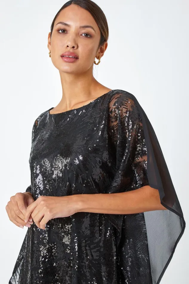 Black Sequin Overlay Stretch Chiffon Top Women Roman Tops