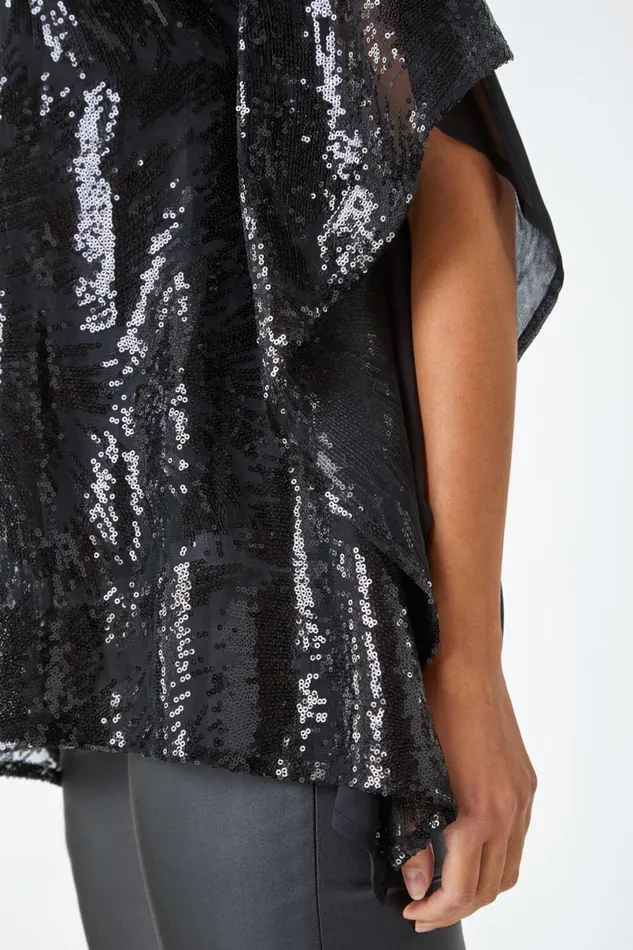 Black Sequin Overlay Stretch Chiffon Top Women Roman Tops