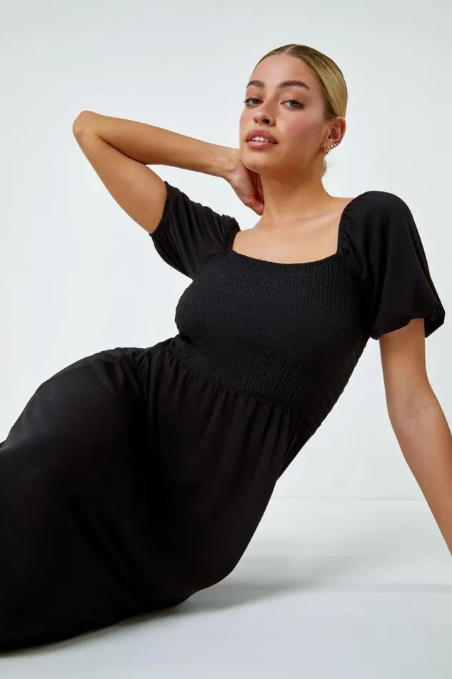 Black Shirred Frill Hem Stretch Dress Women Roman Dresses