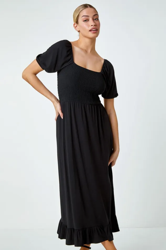 Black Shirred Frill Hem Stretch Dress Women Roman Dresses