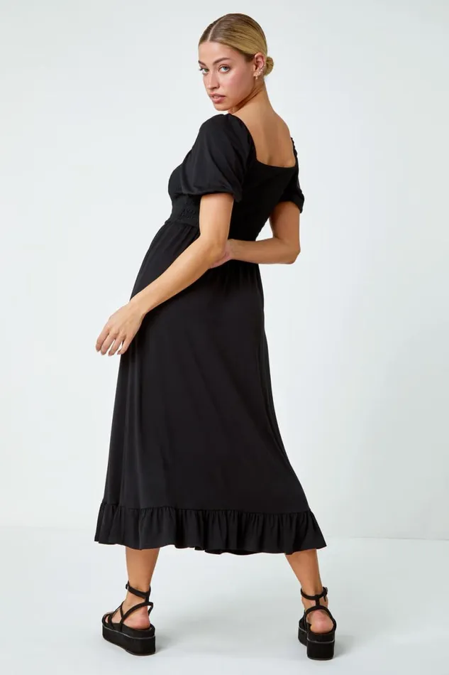 Black Shirred Frill Hem Stretch Dress Women Roman Dresses