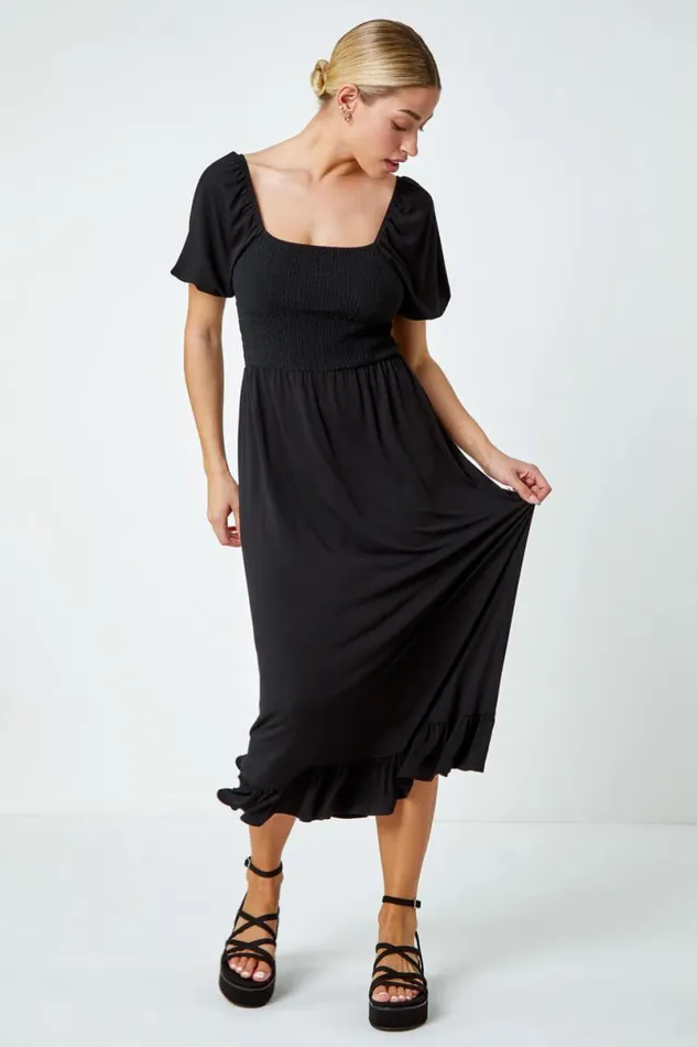Black Shirred Frill Hem Stretch Dress Women Roman Dresses