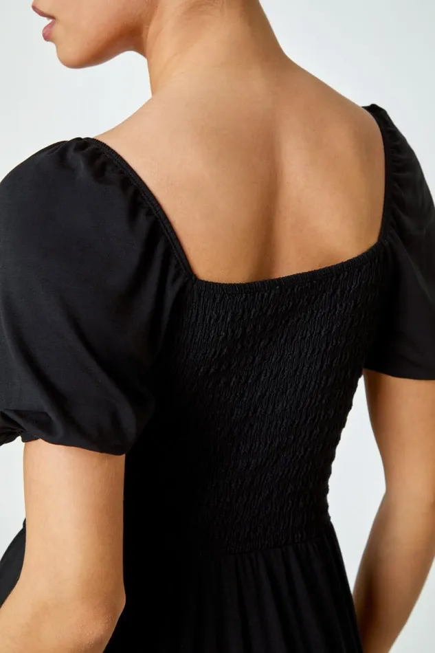 Black Shirred Frill Hem Stretch Dress Women Roman Dresses