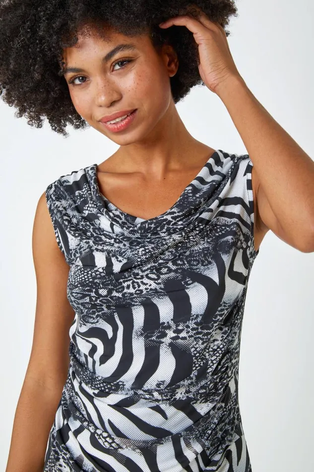 Black Sleeveless Textured Animal Print Top Women Roman Tops