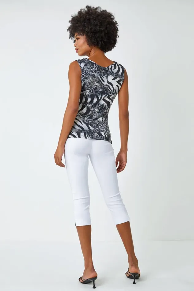 Black Sleeveless Textured Animal Print Top Women Roman Tops