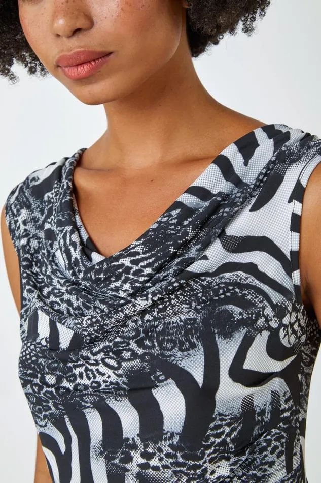 Black Sleeveless Textured Animal Print Top Women Roman Tops