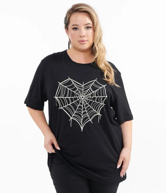 Black Spider Web Heart Fitted Tee ClothingHalloweenPlus Unique Vintage Graphic Tees