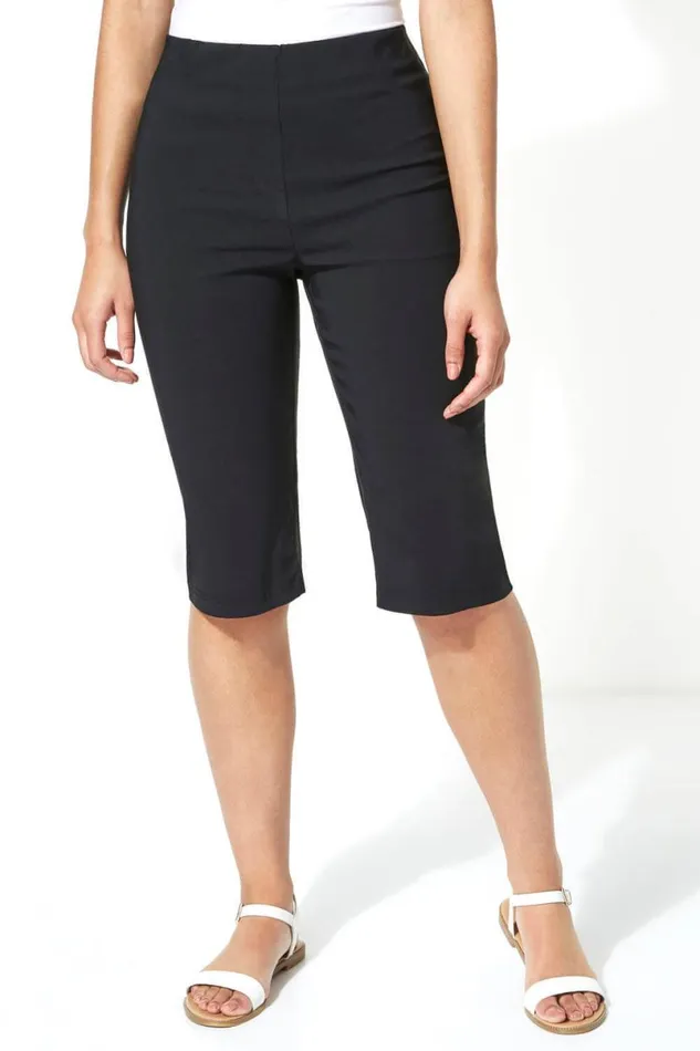 Black Stretch Knee Length Elastic Waist Shorts Women Roman Coords