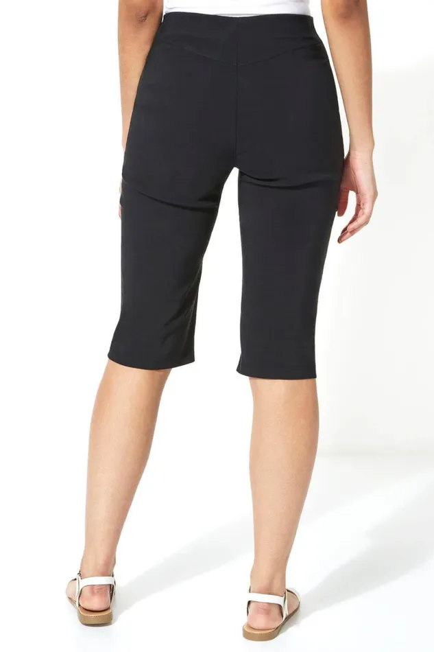 Black Stretch Knee Length Elastic Waist Shorts Women Roman Coords