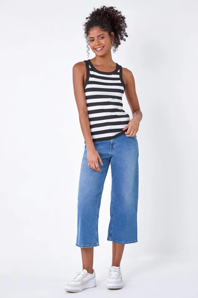 Black Stripe Ribbed Stretch Racer Vest Women Roman Tops