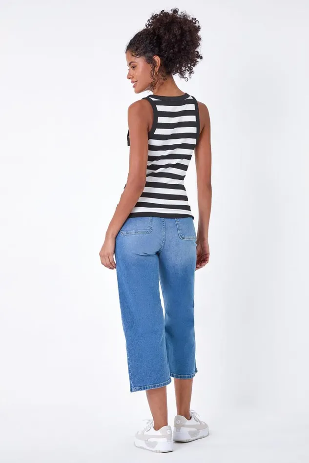 Black Stripe Ribbed Stretch Racer Vest Women Roman Tops