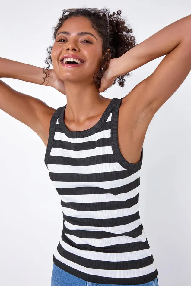 Black Stripe Ribbed Stretch Racer Vest Women Roman Tops
