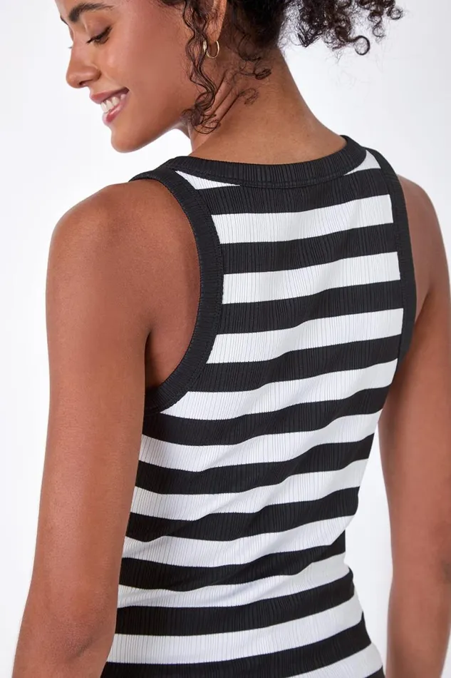 Black Stripe Ribbed Stretch Racer Vest Women Roman Tops