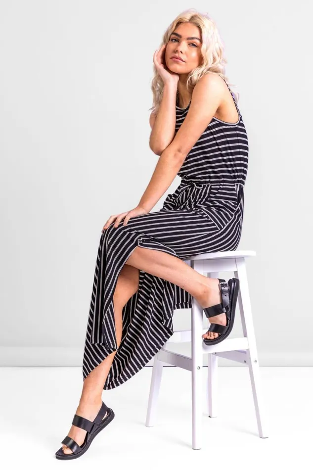 Black Striped Draw Cord Maxi Dress Women Roman Dresses