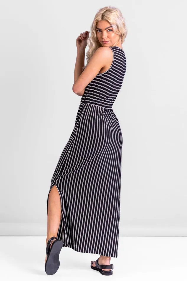 Black Striped Draw Cord Maxi Dress Women Roman Dresses