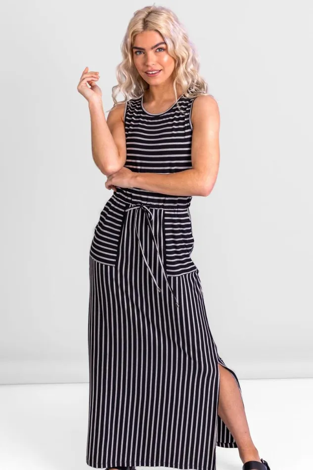 Black Striped Draw Cord Maxi Dress Women Roman Dresses