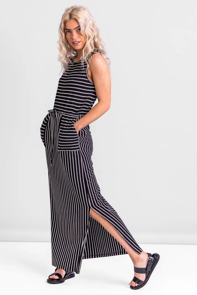Black Striped Draw Cord Maxi Dress Women Roman Dresses