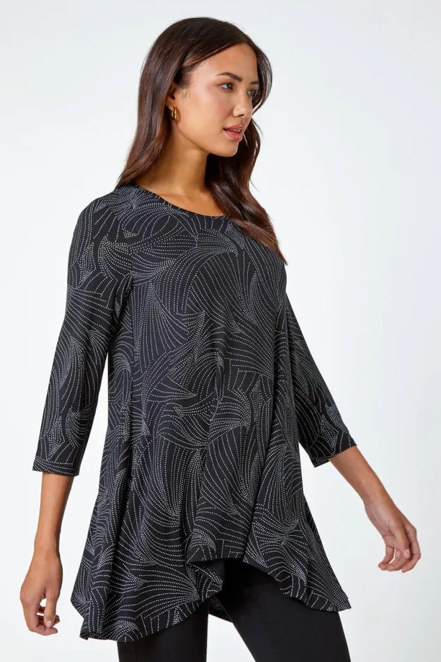 Black Swirl Print Hanky Hem Stretch Top Women Roman Tops