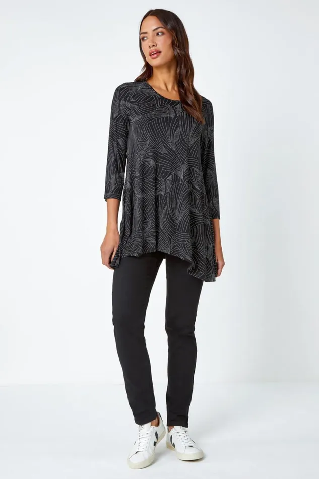 Black Swirl Print Hanky Hem Stretch Top Women Roman Tops
