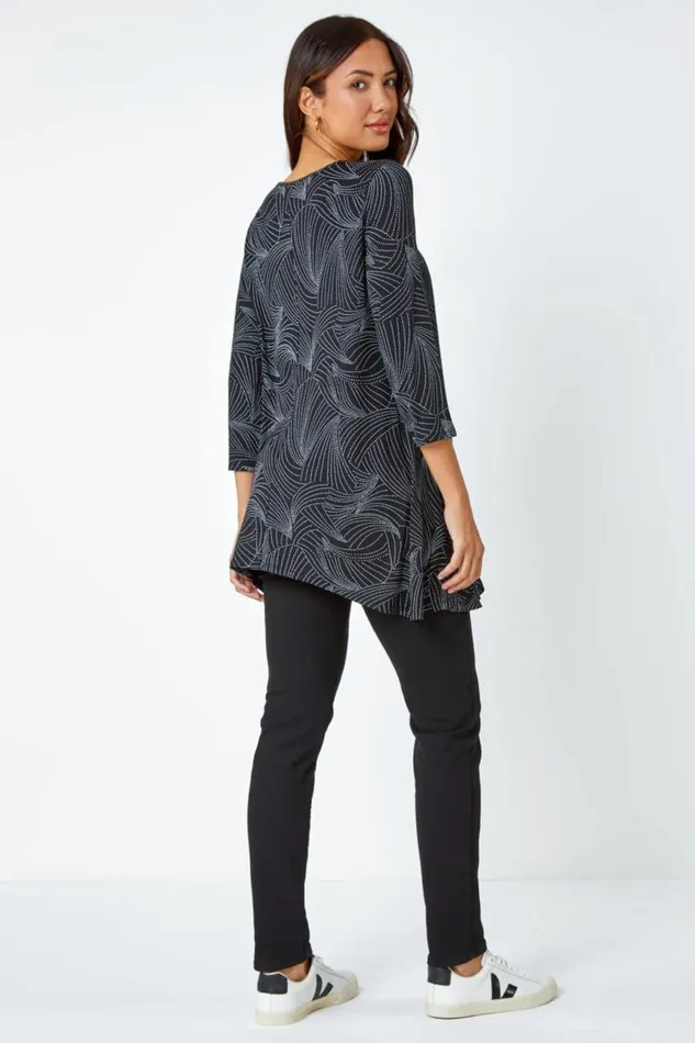 Black Swirl Print Hanky Hem Stretch Top Women Roman Tops